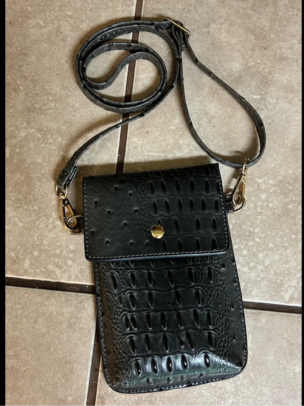 Vintage Crossbody Purse Gray Embossed Leather Handmade Adjustable Strap